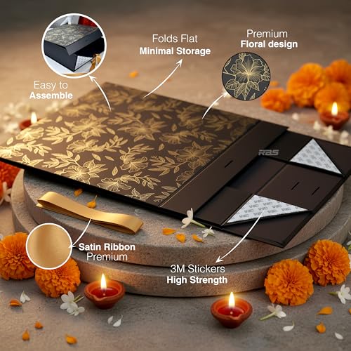 Image of RBS- LARGE Gift Boxes (34 x 33 x 10cm) Gift boxes for Packaging (1 Pack) Hamper Boxes for Gift Holds Upto 10 kg Gift Packing Box for Gifting Hamper Box (L - Black Gold Floral)