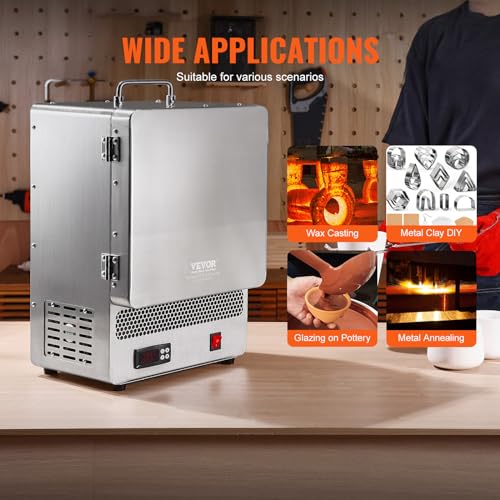 Image of VEVOR Electric Kiln, 1500W Melting Furnace Max Temperature 2192℉ /1200℃, Stainless Steel, for Wax Casting, Clay DIY, Metal Tempering, Glazing on Pottery, Silver