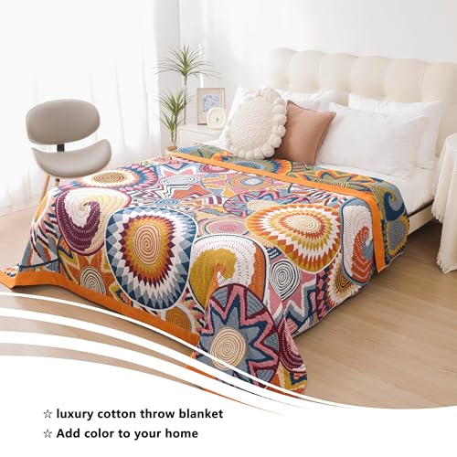 Image of VANJOROY Boho Throw Blanket, 100% Organic Muslin Cotton Skin-Friendly Breathable Ultra Soft Bed Quilt Throw - All Season Decor Colorful Blanket for Sofa Couch Chair and Gift. 91 inch x 108 inch
