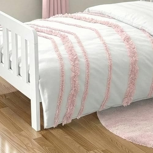 Image of Sweet Jojo Designs 5-Piece Toddler Bedding Set (Pink Cotton Boho Bohemian) for Girls, Kids incl. Bed in a Bag Comforter, Blanket, Pillowcase, Sham & Sheets (Blush, Farmhouse Shabby Chic, Macrame Tuft)