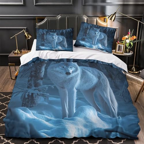 Drap de couette loup d'hiver microfibre imprimé 3D avec taies d'oreiller