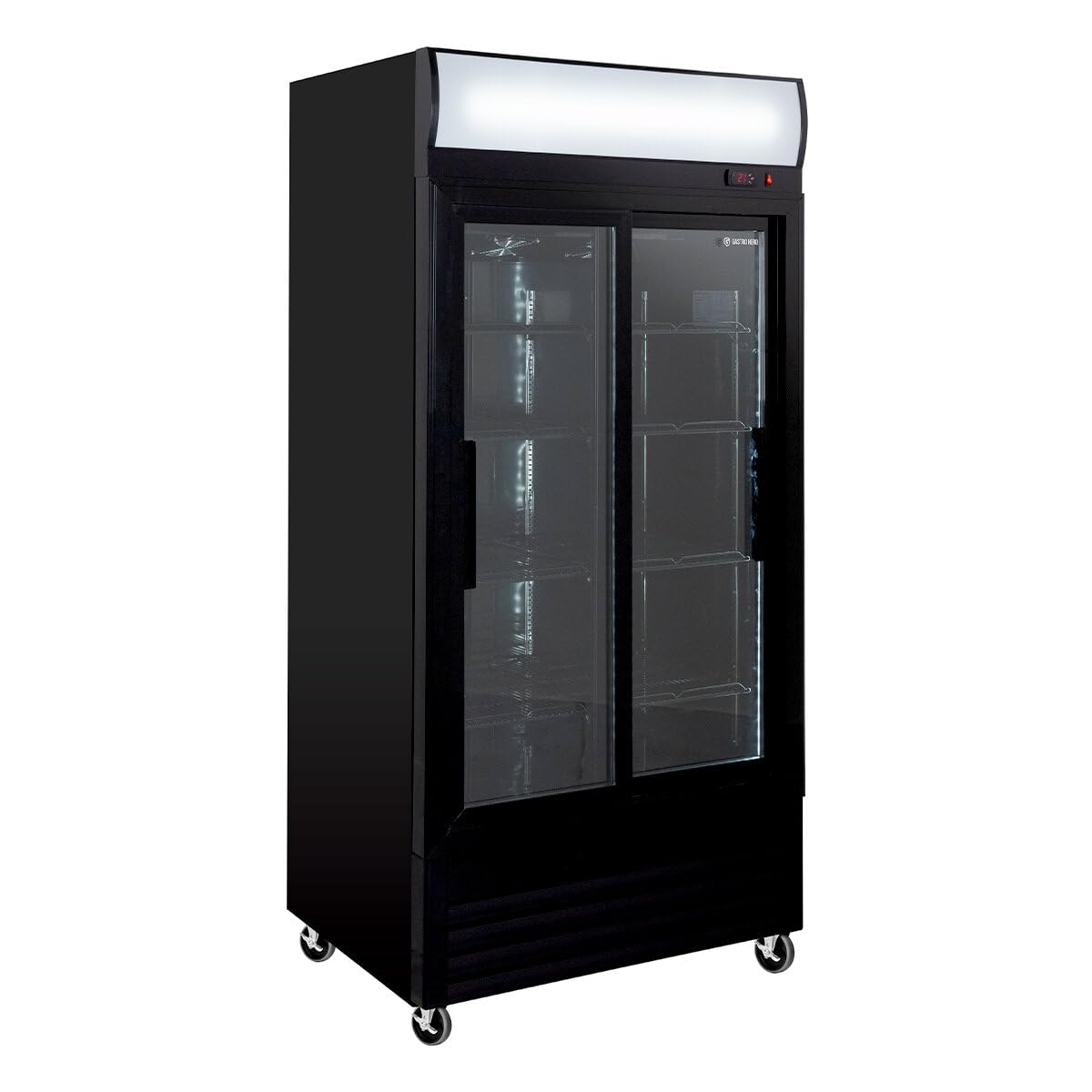 GastroHero Frigorifero per bevande Eco 630 con luce e ante scorrevoli, 8 ripiani regolabili, volume 630 l, porta in vetro, illuminazione interna, nero, per ristorazione e commerciale