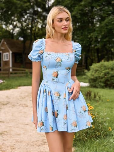 Image of Parthea Women's Floral Square Neck Mini Dress Lace Puff Sleeve Off Shoulder Smocked Flowy A Line Summer Dresses for 2026