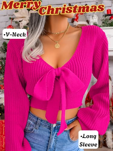 Sexy Deep V Bow Cropped Sweater, Knit Lantern Long Sleeve Crop Top, Cute Fall Outfits for Women Date Casual Going Out4