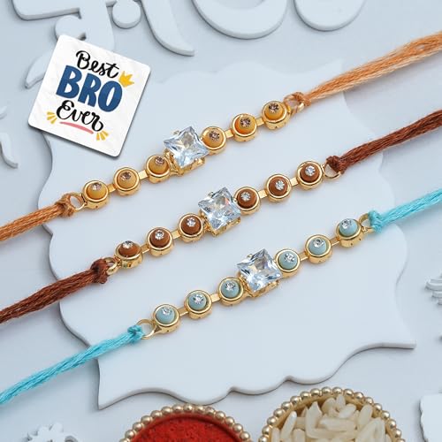 Image of eCraftIndia Crystal Designer Rakhi Set of 3 | Rakhi for Brother Bhaiya Bhai with Best Bro Ever Fridge Magnet | Roli Chawal Pack