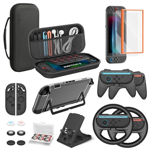 Image of Switch 2 Accessories Bundle for Nintendo Switch 2 19-in-1, Carrying Case, 2 Screen Protectors, Grip for Joycon Controller, Steering Wheel, Protective Cover Shell, Adjustable Stand, Game Card Case
