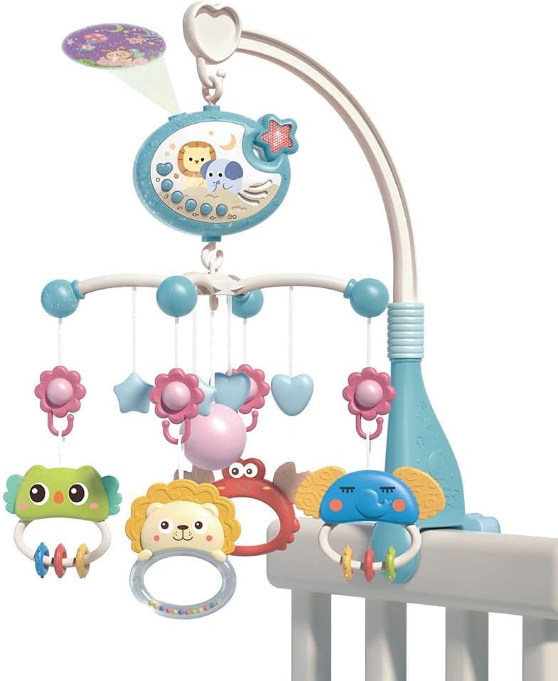 Baby Crib Mobile with Music and Lights, Mobile for Baby Crib with Rotation, Moon and Star Projection, Baby Crib Toys for Boys Girls (Blue)