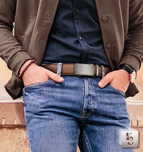 Image of KEMISANT Men Belt 2 Pack, Leather Ratchet Belt Easy Click Slide For Men 1 3 /8 inch,Cut for Fit