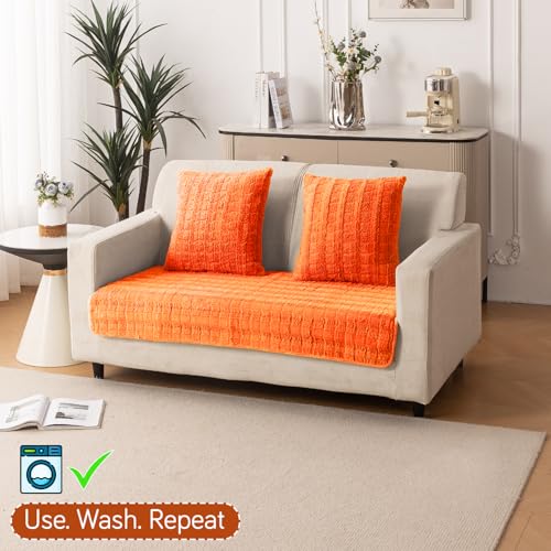 Image of HOKIPO 'Plush Haven' Premium Sofa Mat for 2 Seater Sofa - Soft Fluffy Fabric with Anti-Slip Backing, Orange (AR-5033-OR*1)