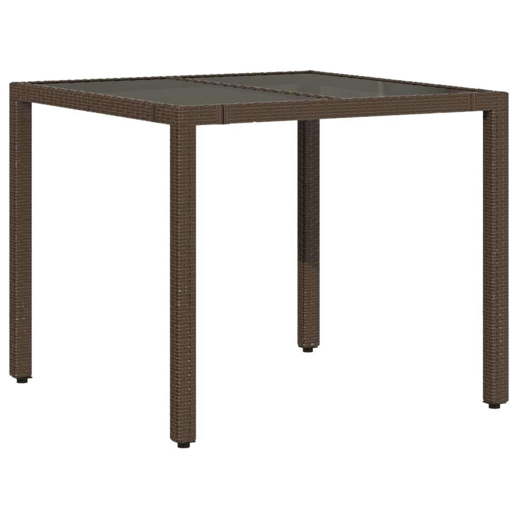 Tavolo da giardino in polyrattan marrone con vetro temperato, 90 x 90 x 75 cm, resistente alle intemperie, con telaio in acciaio verniciato a polvere, per cene all'aperto in giardino