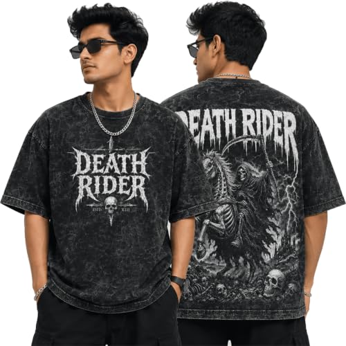 Image of Oversized Acid Wash Graphic T-Shirt for Men | Death Rider Gothic Print | Premium Cotton | Streetwear
