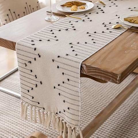 Joyfol Day Boho Table Runner, Farmhouse Cotton Stripe Table Runners with Tassels for Home Dining Table Decor, Rustic Natural Woven Dresser Scarf (Beige&Black,13 x 90 Inch) Cover