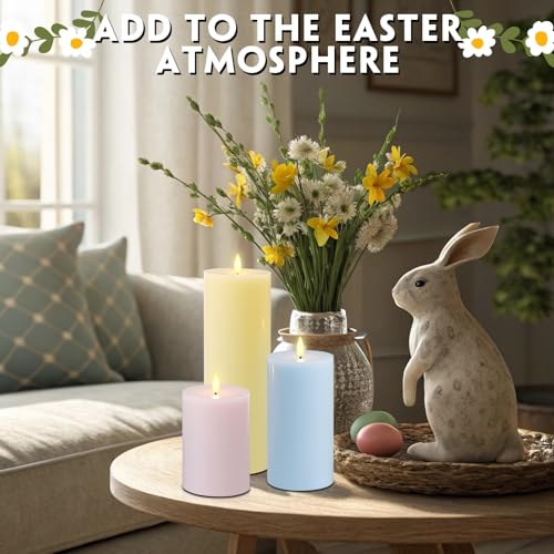 Image of Retisee 3 Pcs Easter 6 /8 /12 Inches Large Flameless LED Candles with Remote and 2 /4 /8 H Timer Yellow Pink and Blue Battery Operated Wax Flickering Candles for Spring Party Wedding Room Home Decor