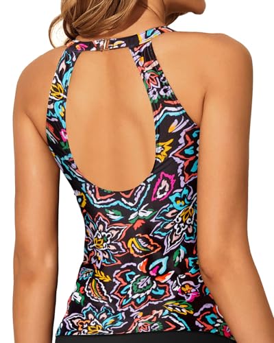Image of Tempt Me High Neck Tankini Top Backless Bathing Suit for Women Key Hole Swimsuit Swim Top Only