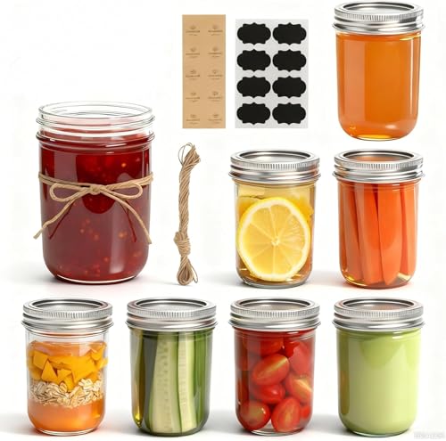SKY-TOUCH Wide Mouth Mason Jars (8 oz/Capacity) Glass Canning Jars With Metal Airtight Lids for Canning Fermenting Pickling Overnight Oats Jam 6.5x10.2cm - 8 PACK