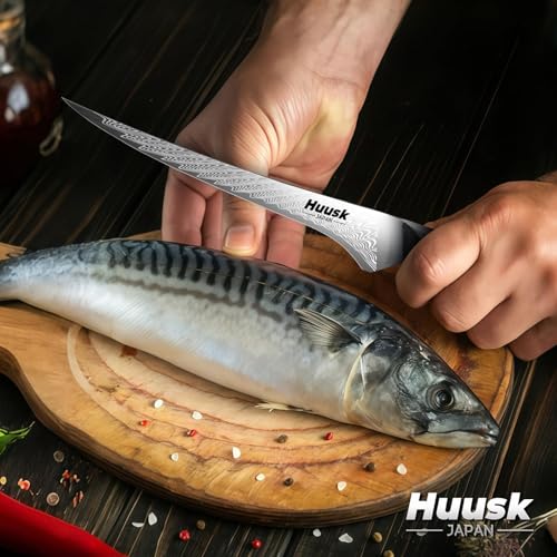 Image of Huusk 7 inch Fillet Knife for Fish, Boning Knife for Meat, Gift for Chef | Flexible Fish Filleting Knife for Salmon, Ultra Sharp Deboning Knife for Meat Cutting Processing, Stainless Full Tang Blade