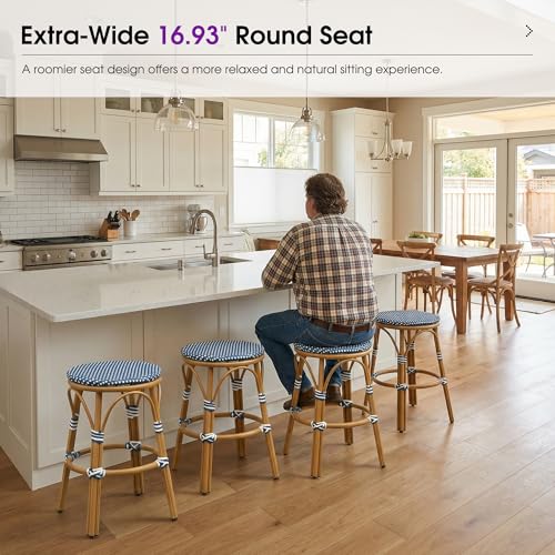 Image of PURPLE LEAF French Patio Round 26 inch Counter Stool Set of 2 Large Handwoven Wicker Rattan Seat Armless Barstools with Bamboo Finish Aluminum Frame for Outdoor Deck Garden Pool Deep Blue