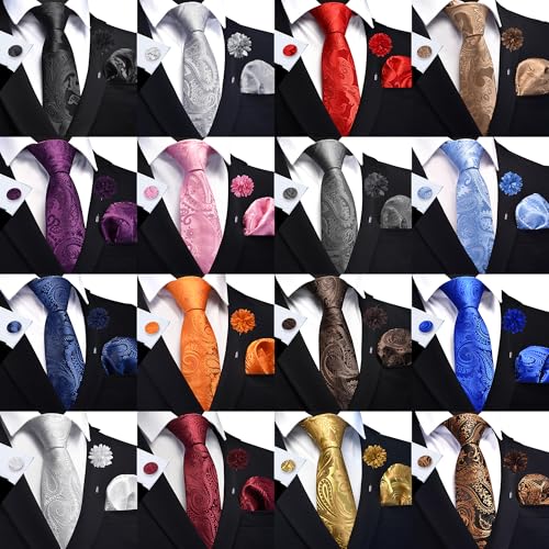 Image of GUSLESON Paisley Tie Set for Men 3.15 inch Necktie Lapel Pin Hankerchief Cufflinks Set for Men
