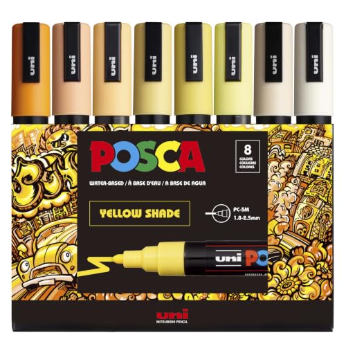 Image of POSCA PC-5M Water-Based Paint Markers, Medium Reversible Tip (1.8-2.5 mm), 8 Count Yellow Shade Colors