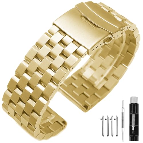 Image of Brushed Metal Watch Bands for Men Women Solid Stainless Steel Watch Band 18 /20 /22 /24 /26mm Watch Bracelet Strap Deployment Double Lock Deployment Buckle Black Silver Blue Gold