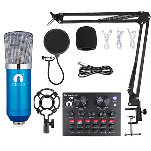 CEZO BM 800 Condenser Microphone Kit Set with V8 Sound Card, Boom Arm Stand, Pop Shield Recording Studio Equipment Full Set with 3.5mm Mic for Smartphones Live Streaming Youtubers (Blue) CEZO BM 800 Condenser Microphone Kit Set with V8 Sound Card, Boom Arm Stand, Pop Shield Recording Studio Equipment Full Set with 3.5mm Mic for Smartphones Live Streaming Youtubers (Blue)