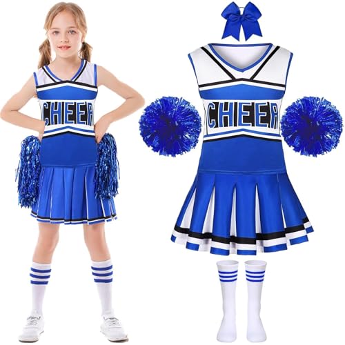 Krfapt Pompom-Mädchenkostüm für Kinder – Pompom-Outfit für Mädchen, 6-12 Jahre mit Pompons – Cheerleader-Kostüm für...