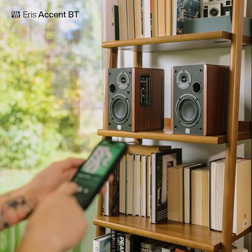 Image of PreSonus Eris Accent BT 60W Powered Bookshelf Bluetooth Speakers - Studio Monitors for Turntable, Home, 4 inch Woofer, Silk Tweeter, USB-C, Optical, RCA, Coax, Remote, Sub Out, Wired Option, Wood Grain