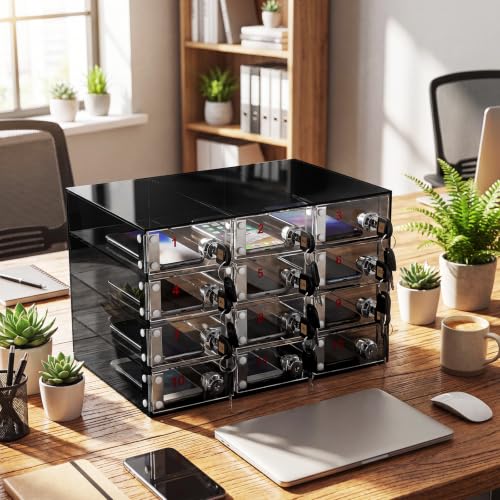 Image of Layhit 12 Slots Cell Phone Locker Box for Classroom Black Acrylic Cell Phone Storage Cabinet Bin with Door Locks for Classroom School Students Office Factory Employees