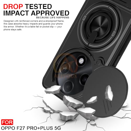 Image of Oppo F27 Pro Plus 5G Back Cover | Armor Camera Slider 360 Degree Rotating Finger Ring Holder Case with Bracket Stand Back Case Cover (Compatible with MagSafe Accessories) (Black)