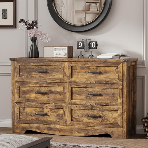 Image of Dresser for Bedroom with 6 Drawers, 48 inch Wide Wood Chest of Drawers with Deep Drawers & Mental Handle, Wooden Dresser TV Stand, Modern Closet Storage Organizer for Living Room, Hallway, Entryway, Brown