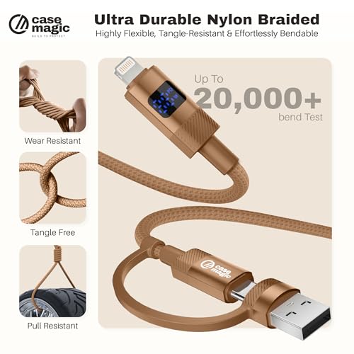 Image of Case-Magic 2-in-1 USB-A & Type-C to Lightning Cable (1M /3.3Ft) 27W Fast Charging, LED Display, 480Mbps Data, Durable Nylon Braided Cord for iPhone 14 /13 /12 /11 /XS /XR /8 /SE, iPad| Universal& Travel-Ready