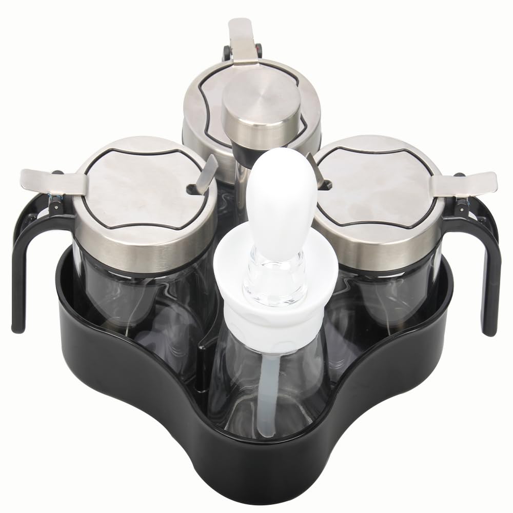 Macetas giratorias para condimentos, azucarero, salero y pimentero con tapa y cuchara, juego de 4 tarros de especias con bandeja giratoria de 360 grados para cocina, 3 ollas + 1 dispensador de