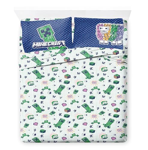 Image of Minecraft Creeper Full Size Comforter Set 7 Piece Kids Bedding, Blue | Gaming, Bed in a Bag, Comforter Sheets Shams Pillowcases, Official Product, Soft Microfiber, Machine Washable, Girls Gift