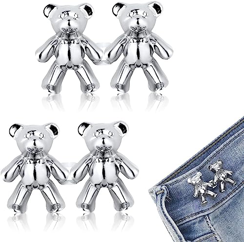 Image of 2pcs Cute Bear Button Pins for Jeans Adjustable Teddy Bear Button Pins Waist Buckle for Loose Jeans Pants, Detachable Buttons for Jeans Waist Buckle No Need Sewing Waist Tightener Clip (Bear Silver)
