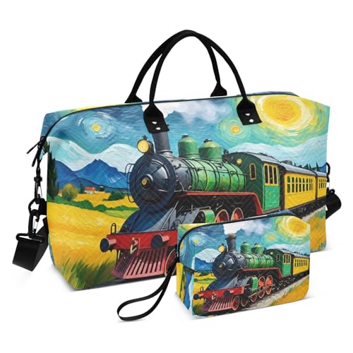 Large Travel Duffel Bag, Train Gogh Sports Tote Gym Bag, Shoulder Weekender Overnight Bag for Women Men, Carry On Luggage with Toiletry Bags
