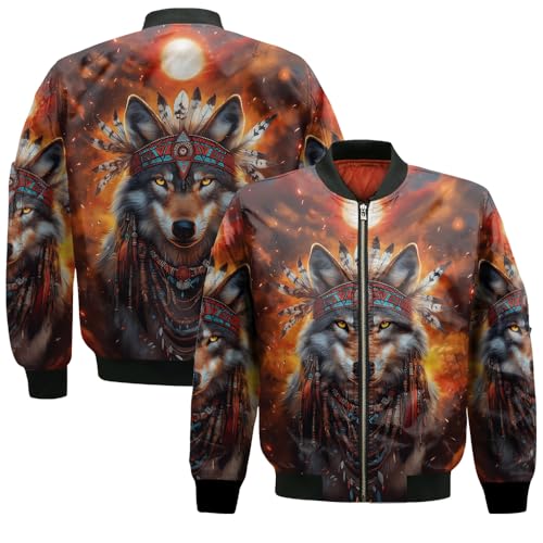 Bomber Jacket Winter Coat Wolf Moon Mountain Forest Zip Up Varsity Baseball Quilted Jackets For Women Men