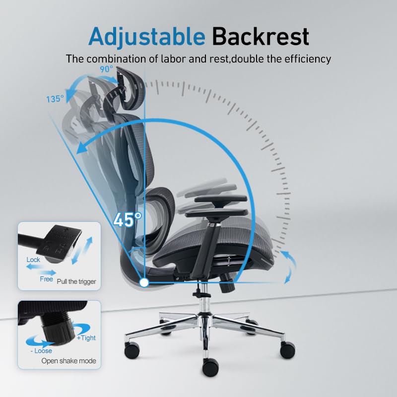 BRTHORY Chaise De Bureau Ergonomique, Avec Support Lombaire Réglable/Appuie- Tête/3D-Accoudoi, Maille Respirante/Fonction Bascule/Charge De 200 Kg, Fauteuil De Bureau, Socle Galvanisé, Noir