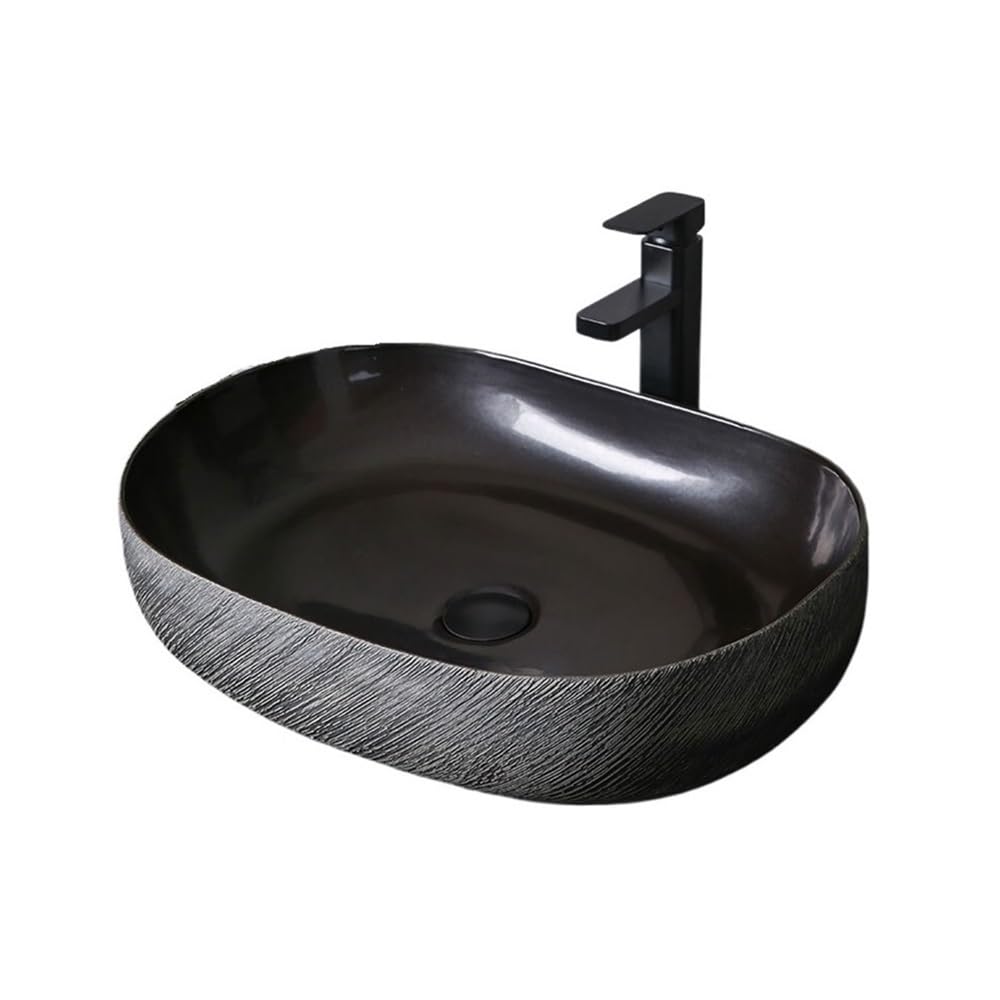 CWCQGH Bathroom Vessel Sink Ceramic Bathroom Sink Black Art Above Counter Basin Balcony Wash with Drain and Faucet Vessel Sink