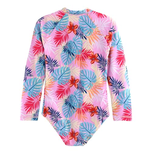Image of Kids Girls Rash Guard Long Sleeve One Piece Swimsuits Zipper Bathing Suits UPF 50+ Tropical Plant Flowers Ages 3-12