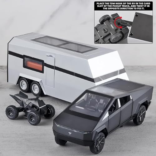 Image of Tesla Cybertruck Diecast Car 1:32 Scale | Metal Alloy Pickup Truck with Trailer, Sound & Light | Pull-Back Off-Road Toy Vehicle for Kids【Grey- Colour】