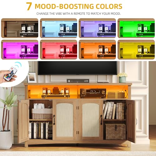 DWVO Farmhouse TV Stand for Living Room, 35.4" Tall Rattan Entertainmenr Center w/2-door Cabinet, Rustic Wood Buffet Cabinets, Boho Media Console Table with LED Lights for 45/50/55/60 Inch TV (Oak)