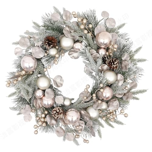 24 inch Christmas Wreath，Snow Flocked Pine Wreaths for Front Door with Silver Ball...