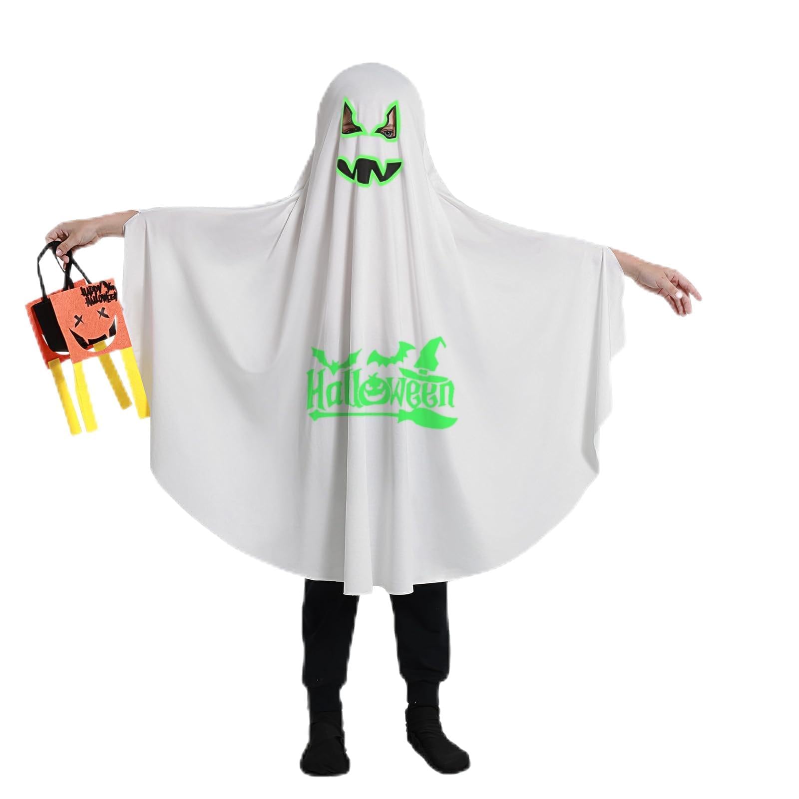 Lifeuping Kids Ghost Halloween Fancy Dress Glow in the Dark White Halloween Cloak Unisex Child Cape Trick or Treat for 1-9 Years