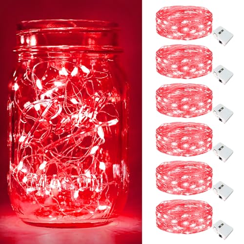 Image of btfarm 6 Pack Fairy Lights Battery Operated [3 Modes], 7ft 20 Led Twinkle Lights String Lights Waterproof Bulk Small Mini Silver Wire for Christmas Mason Jars Wedding Table Centerpiece, Red