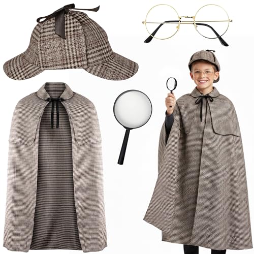 Xietaea Detektiv Kostüm Zubehör Set Kinder - 4 Stück Sherlock Holmes Accessoires mit Umhang Hut Brille und Lupe Detective Cosplay Requisiten für Halloween Fasching Party Jungen Mädchen