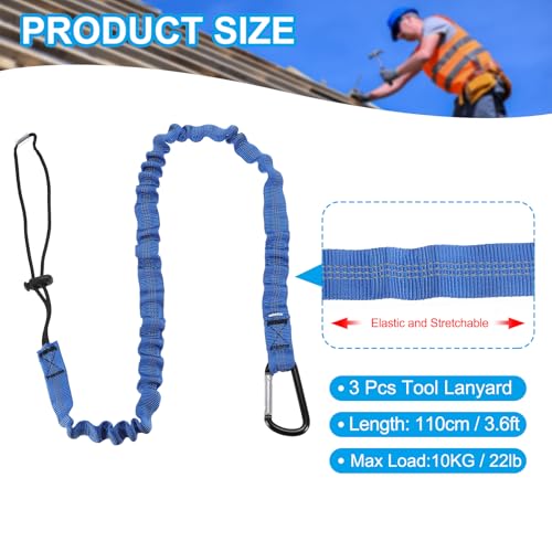 Image of MECCANIXITY Retractable Tool Lanyard 3.6ft with Single Aluminum Buckle and Adjustable Loop End, Maximum Weight Limit 10KG / 22lb, Safety Fall Protection Tools Leash, Blue 3 Pack
