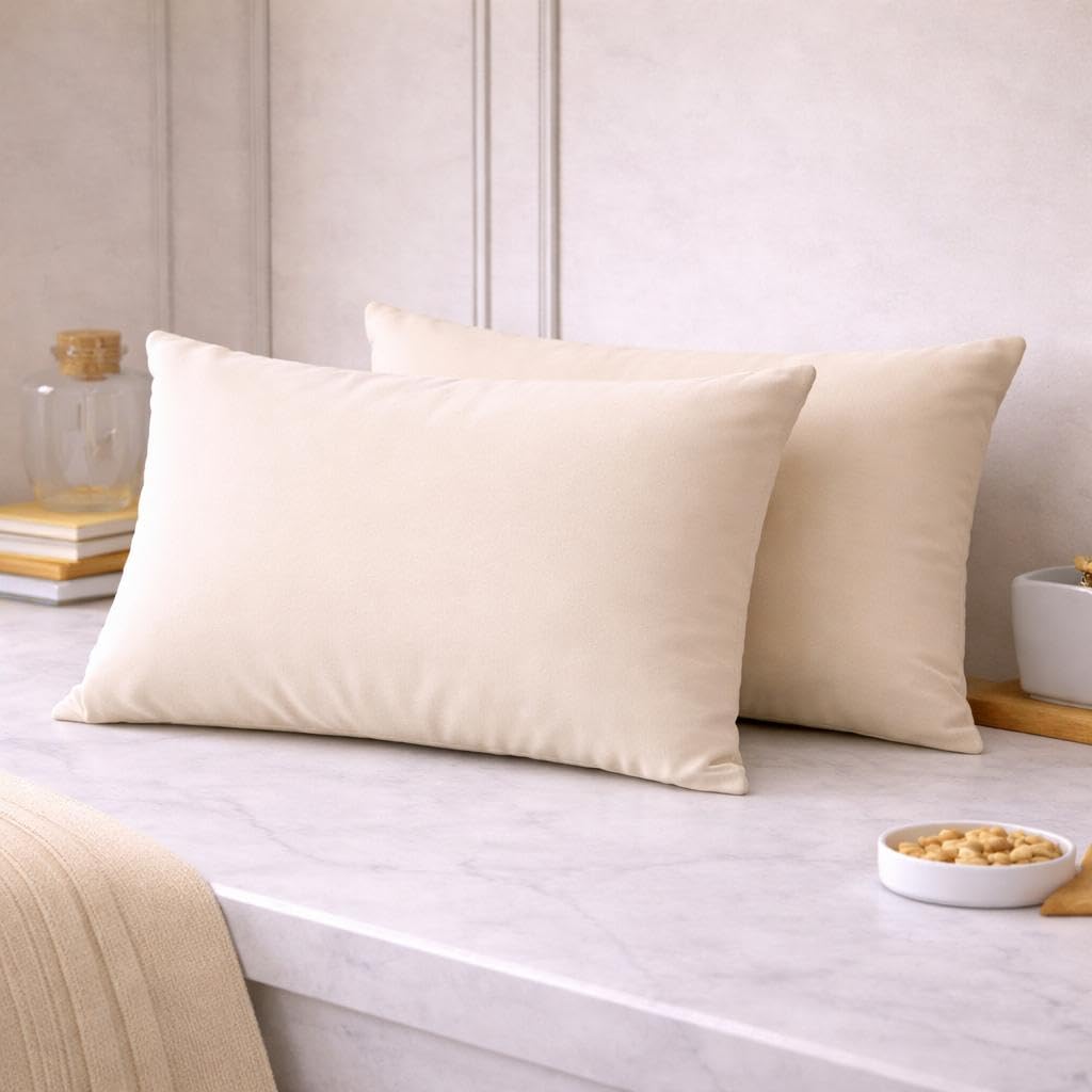 THE HOME STYLE Solid Cotton Feel Pillow Covers (18 x 28 inches, Set of 2 Pcs) | 300 TC | Super Soft & Smooth (Cream)