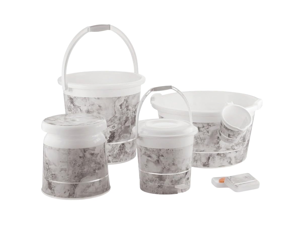 Liza Premium Marble Finish Plastic Bathroom Bucket Set | Strong Jumbo Bucket with Handle (25Ltr), Multipurpose Big Stool & (1.5Ltr) Mug & More | Durable, Lightweight & Stylish (Grey)-image-38