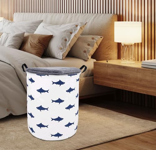 Image of Round Navy Shark Pattern Laundry Hamper Storage Basket Fabric Material Storage Hamper Organization Basket, Storage Bin, Gift Box with Handles for Room