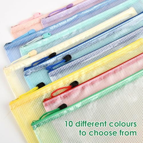 DODUOS 20 Stück Kunststoff Dokumententasche A4,Dokumententasche A4 Reißverschluss, Wasserdichte Mesh Bag Beutel mit Reißverschluss Farbe Zipper Bag für Schule Büro Reisen, 33,5 x 24cm